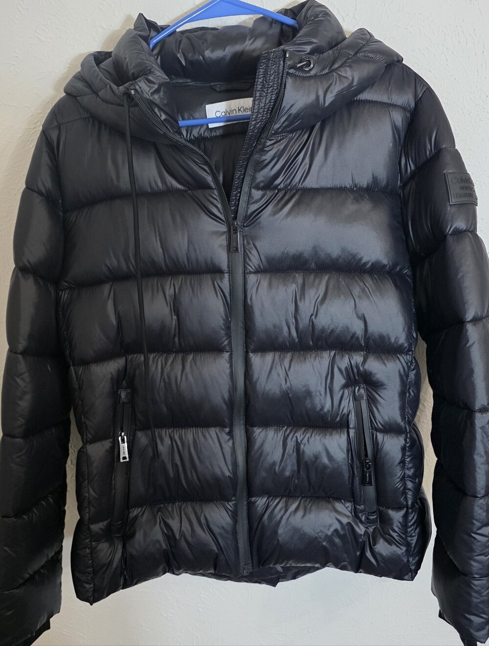 Calvin Klein CW202492 High Shine Hooded Puffer Jacket Black Sorona Womens L